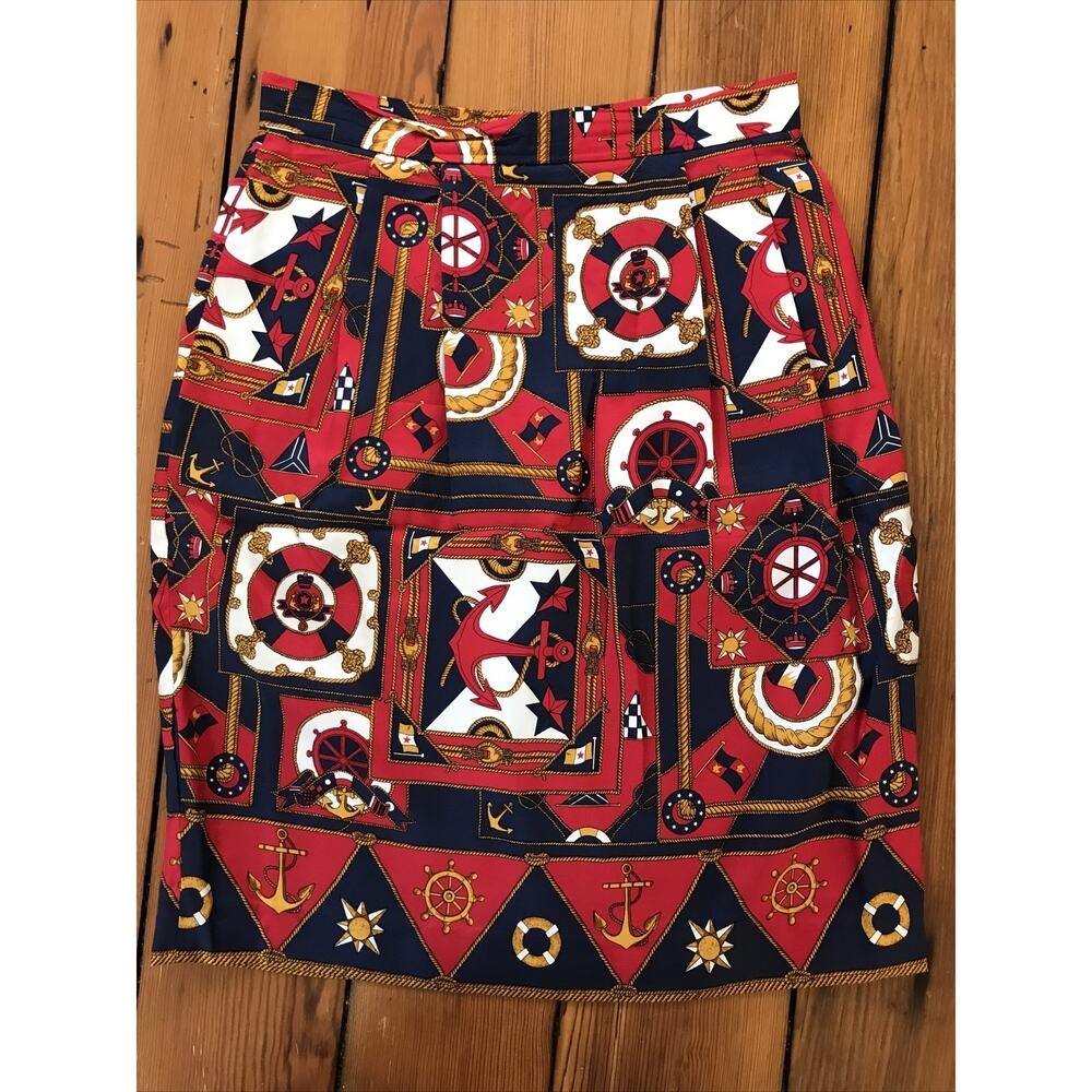 Vintage 80s Talbots Preppy Nautical Yachting Red Anchor Silk Pencil Skirt 8 27"